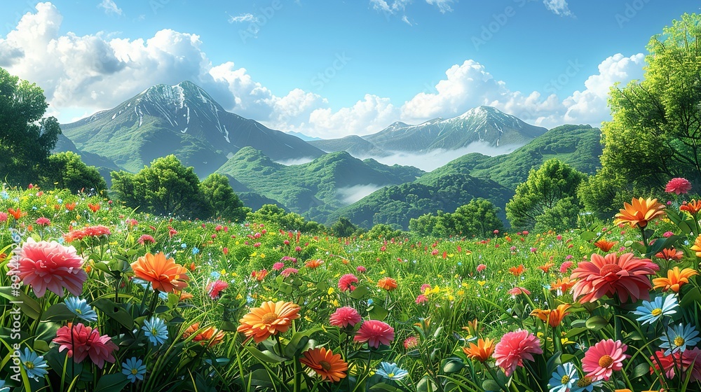 Colorful landscape with vibrant flowers and lush greenery blending together to create a picturesque scene ideal for microstock illustrations Illustration Flat Color, Clip Art Style , Minimalism, Colorful landscape with vibrant flowers and lush greenery blending together to create a picturesque scene ideal for microstock illustrations Illustration Flat Color, Clip Art Style , Minimalism,