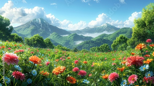 Colorful landscape with vibrant flowers and lush greenery blending together to create a picturesque scene ideal for microstock illustrations Illustration Flat Color, Clip Art Style , Minimalism, © DARIKA