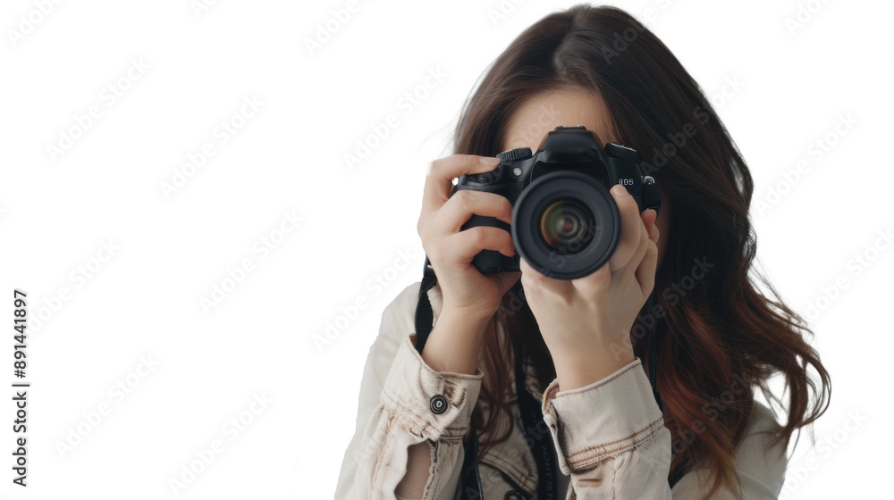 Smiling woman photographer is taking images photo with dslr camera Smiling woman photographer is taking images photo with dslr camera
