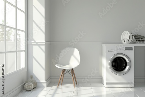 Modern washing machine standing in a bright laundry room