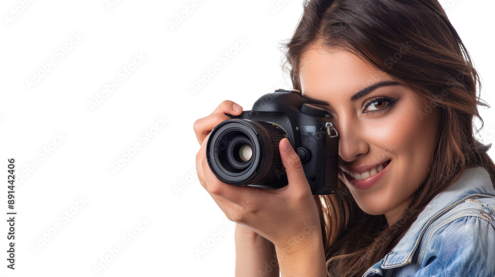 Smiling woman photographer is taking images photo with dslr camera Smiling woman photographer is taking images photo with dslr camera
