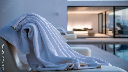 A towel is folded over a chair in front of the pool, AI