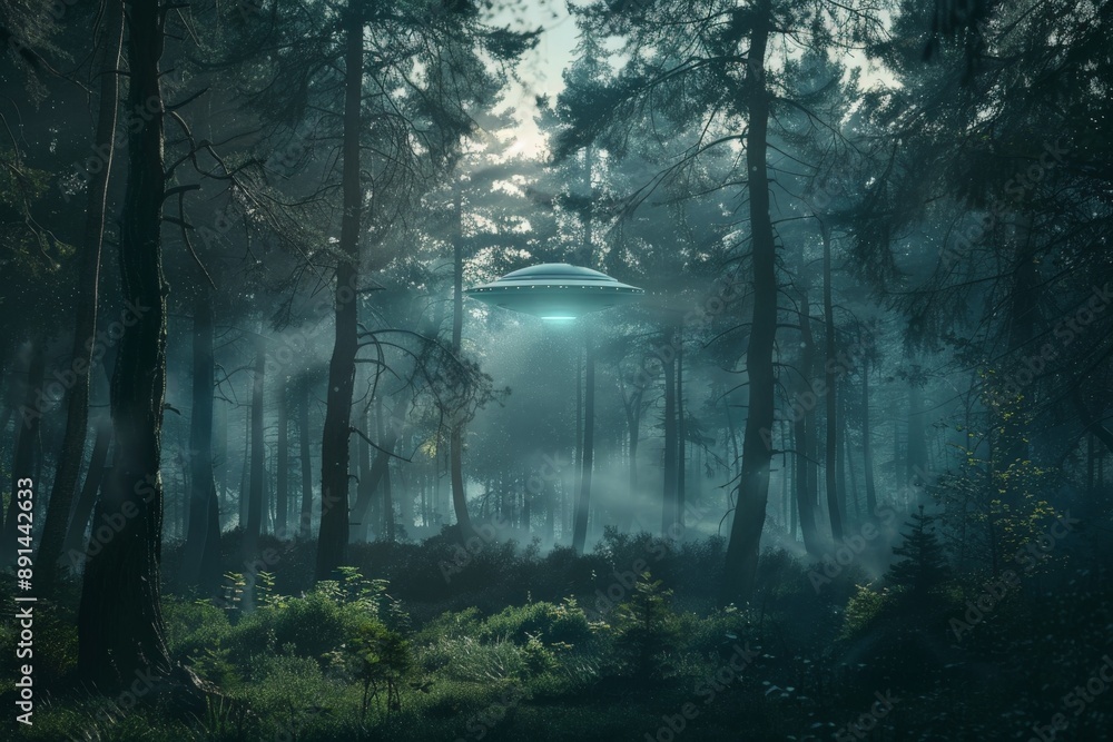 Fototapeta premium Unidentified flying object hovering over misty forest at night