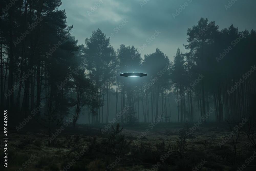Unidentified flying object hovering over a forest at night Unidentified flying object hovering over a forest at night