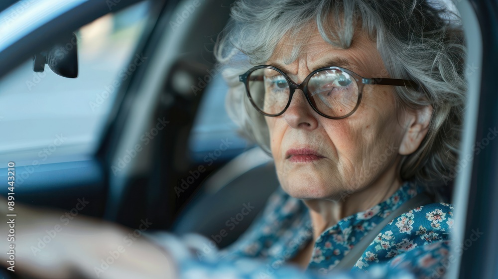 senior citizen caucasian woman wearing glasses driving a car with a confused look on her face, concept of old age driving and dementia or poor eyesight senior citizen caucasian woman wearing glasses driving a car with a confused look on her face, concept of old age driving and dementia or poor eyesight