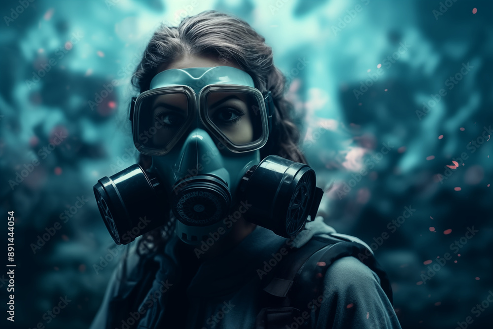 Survival Instinct: Woman in Gas Mask amidst Apocalypse. Pandemic concept. Generative AI Survival Instinct: Woman in Gas Mask amidst Apocalypse. Pandemic concept. Generative AI
