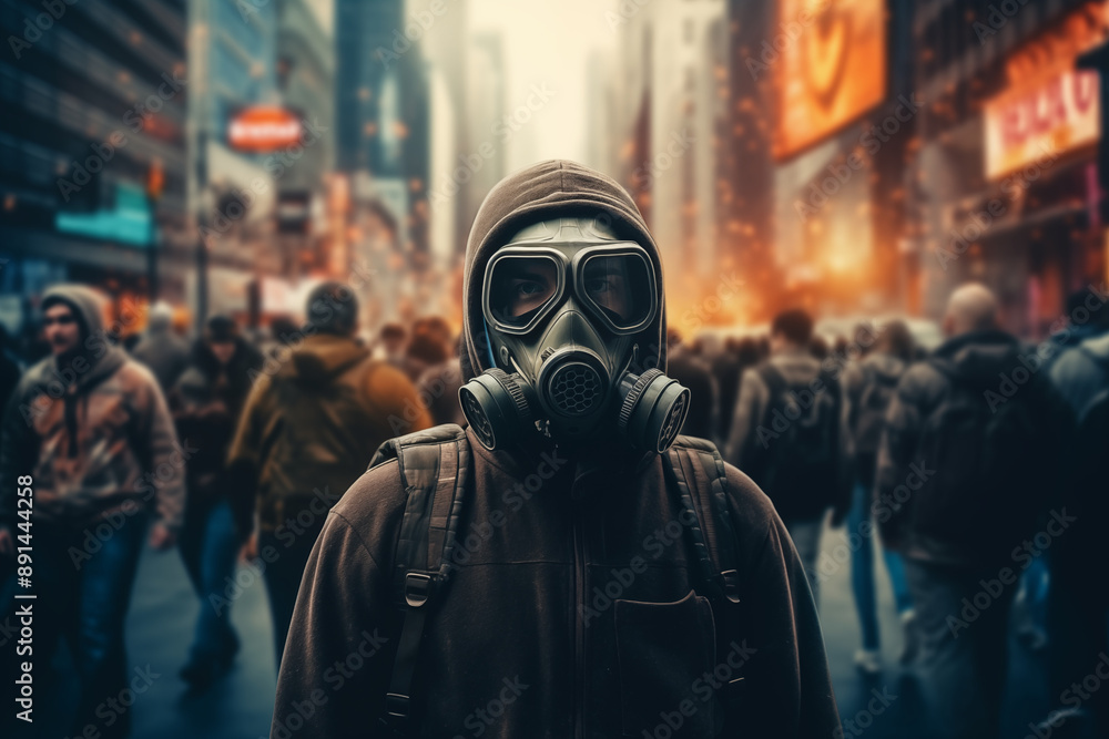 Man in Gas Mask amidst Pandemic in City with People in Background. Pandemic concept. Generative AI Man in Gas Mask amidst Pandemic in City with People in Background. Pandemic concept. Generative AI
