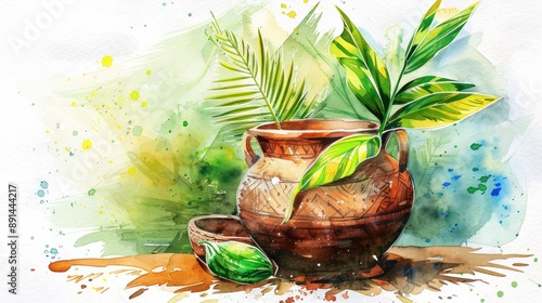 Watercolor illustration for bonalu with traditional indian pot. photo