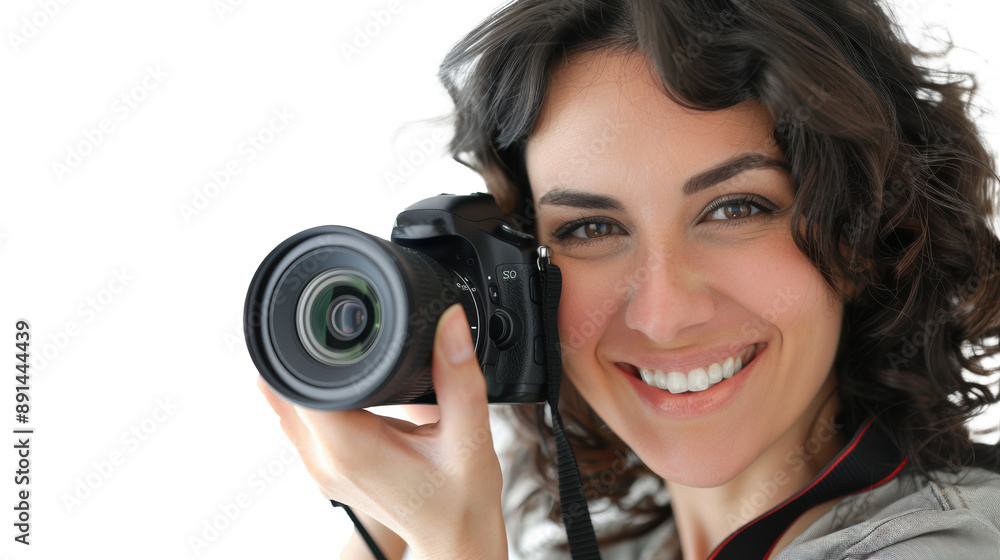 Smiling woman photographer is taking images photo with dslr camera Smiling woman photographer is taking images photo with dslr camera
