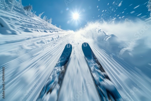 Skier going downhill fast leaving a trail of snow