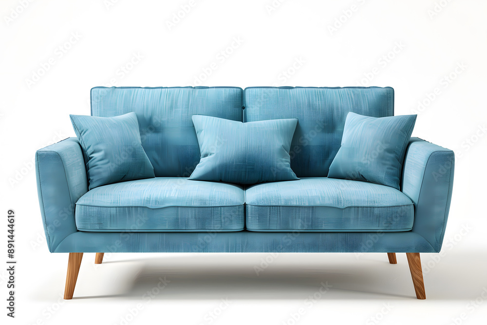Fototapeta premium Modern Blue Sofa with Wooden Legs isolated on white background
