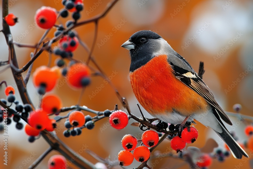 A beautiful close-up of a Eurasian bullfinch feeding on berries, with its bright orange breast standing out. A beautiful close-up of a Eurasian bullfinch feeding on berries, with its bright orange breast standing out.