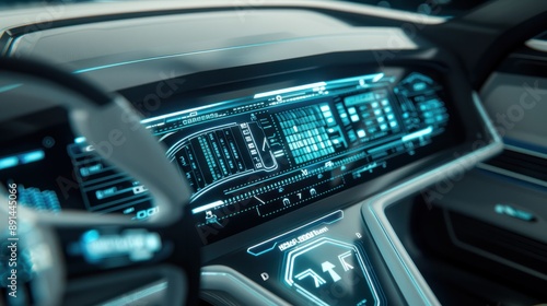 A futuristic car dashboard with a digital display showing blue glowing lines and codes, symbolizing high-speed data processing. The interior of the car is clean and modern, with gray and white tones. © Johannes