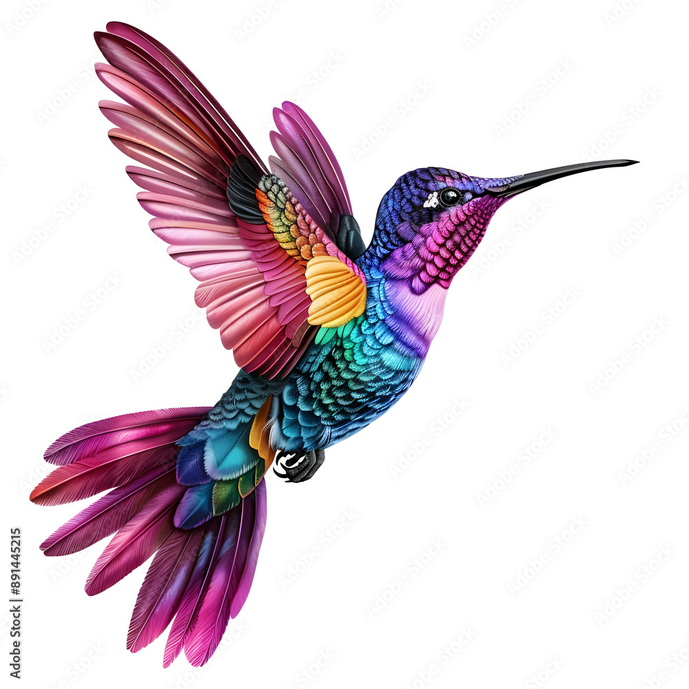 Obraz premium Colorful flying hummingbird isolated on a white background
