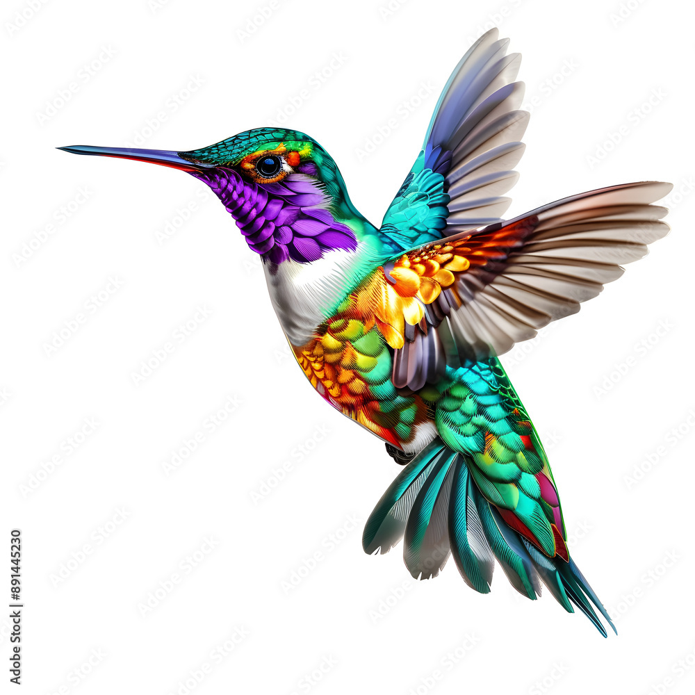 Obraz premium Colorful flying hummingbird isolated on a white background