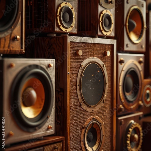 vintage audio speakers stacked rich wood grain textures retro cloth grilles brass accents dust motes in air warm lighting nostalgiainducing still life composition photo