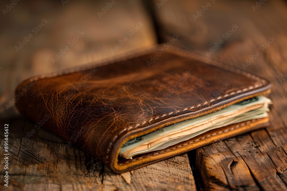 Rustic Leather Wallet on Wooden Surface Rustic Leather Wallet on Wooden Surface