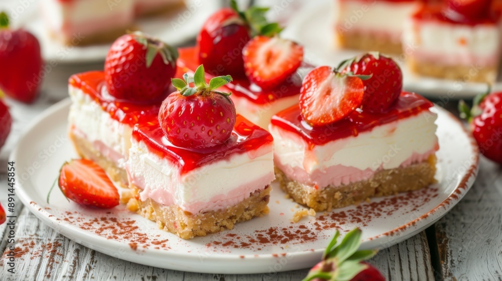 A plate of strawberry cheesecake slices, decadent and creamy A plate of strawberry cheesecake slices, decadent and creamy