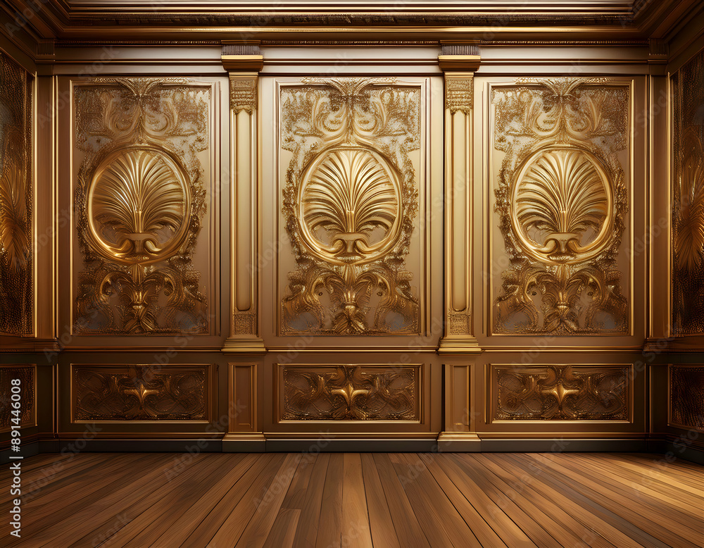 a hyper-realistic digital illustration of ornate, detailed, gilded, wooden wall panels in an empty room with a wooden floor. The composition focuses on the minute details and textures, creating a brea a hyper-realistic digital illustration of ornate, detailed, gilded, wooden wall panels in an empty room with a wooden floor. The composition focuses on the minute details and textures, creating a brea