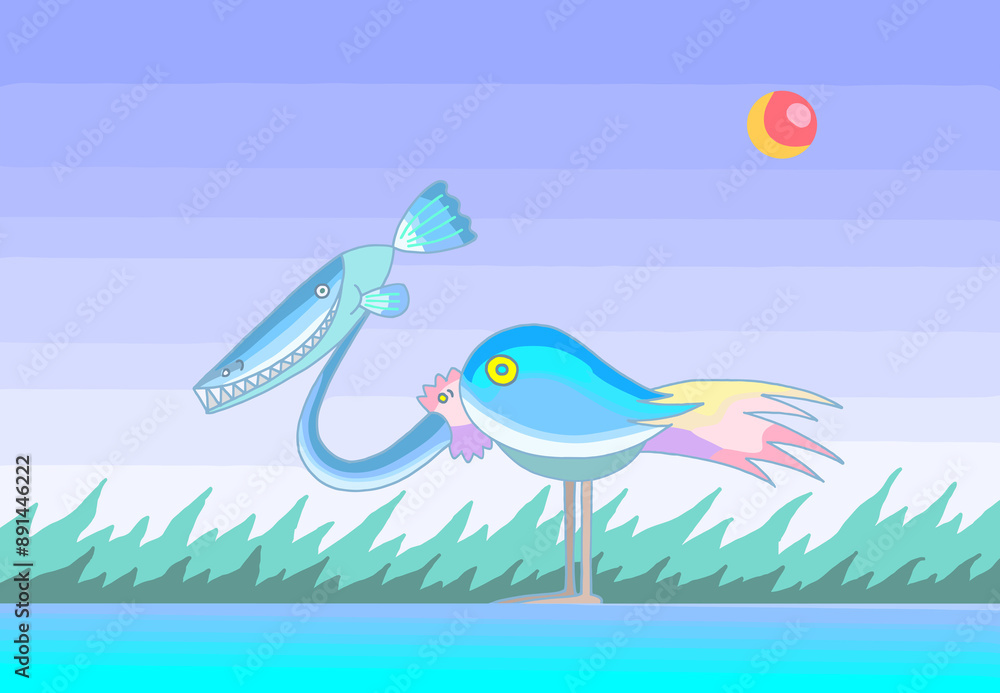 Obraz premium 架空の動物のイラスト - 鳥・魚・草むら・水辺・太陽