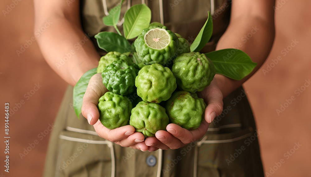 Woman holding pile of fresh ripe bergamot fruits on brown background, closeup. Space for text Woman holding pile of fresh ripe bergamot fruits on brown background, closeup. Space for text