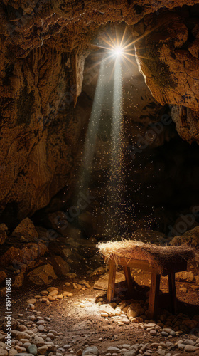 A cave, where a significant event took place, houses an empty manger and is illuminated by a bright star from above. photo