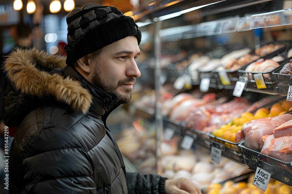 A Thoughtful Shopper Examines Fresh Meats in a Market Display A Thoughtful Shopper Examines Fresh Meats in a Market Display