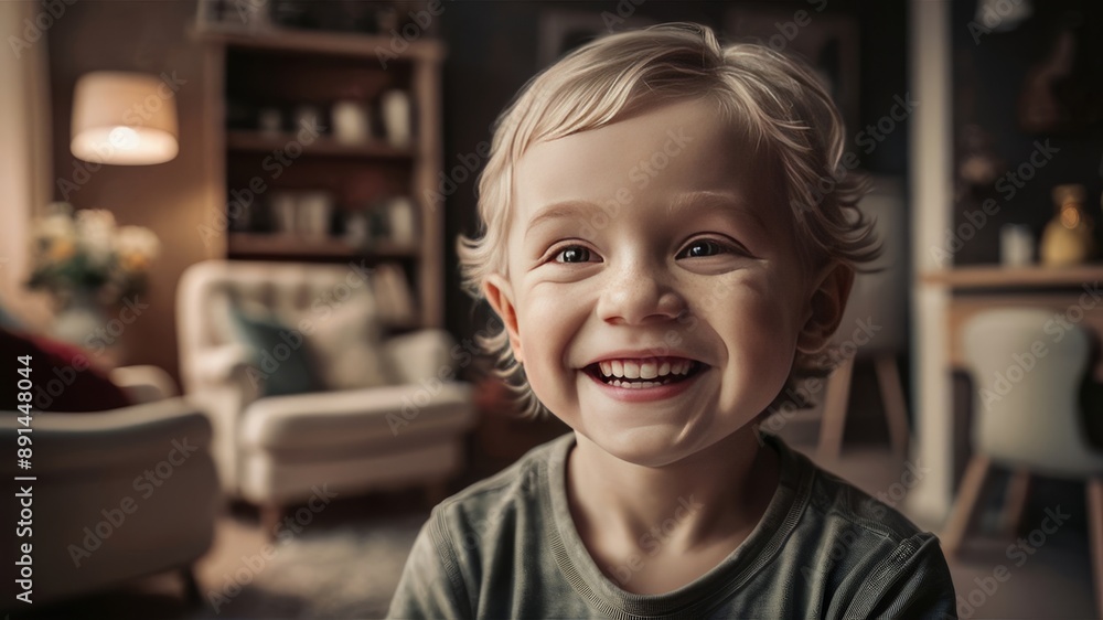 Portrait of a boy child who smiles against the backdrop of a bright room. Portrait advertising photography. AI generation.
Portrait of a boy child who smiles against the backdrop of a bright room. Portrait advertising photography. AI generation.