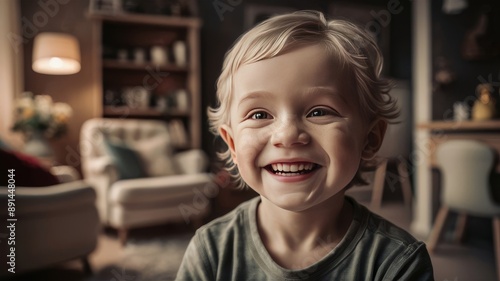 Portrait of a boy child who smiles against the backdrop of a bright room. Portrait advertising photography. AI generation. 
