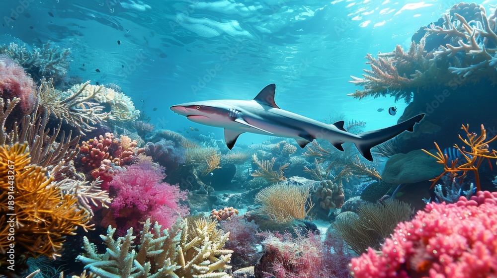 Fototapeta premium A reef shark swimming among colorful coral reefs in a tropical marine environment