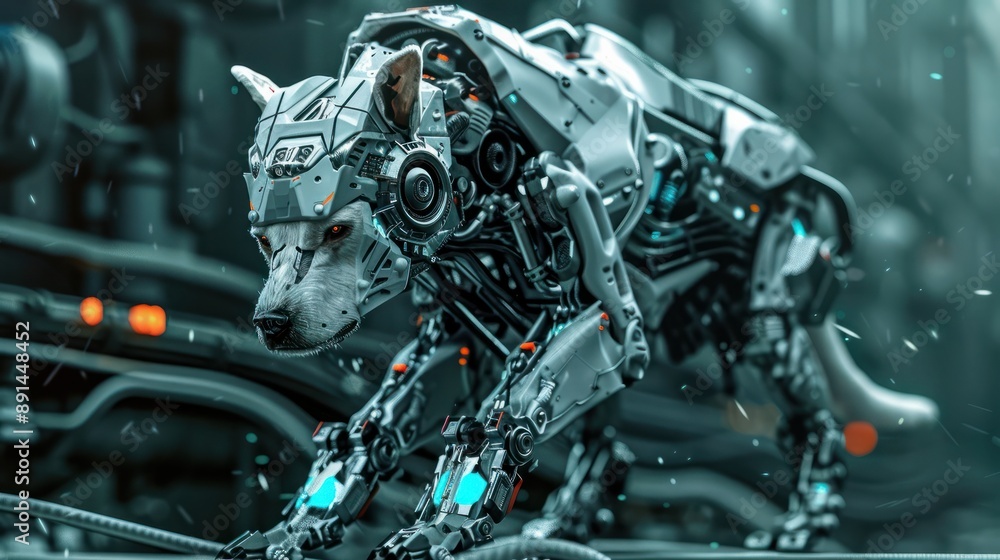 Obraz premium Cyborg dog with robotic technology, cyborg, dog, robotic, technology, artificial intelligence, futuristic, machine, animal