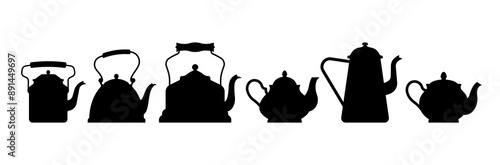 Teapot set. Antique copper and ceramics teapots. Vintage kitchen ware in black silhouette. A set different shapes of tea pot.  Items for design, stencil, decoration. Simple and quite vectors