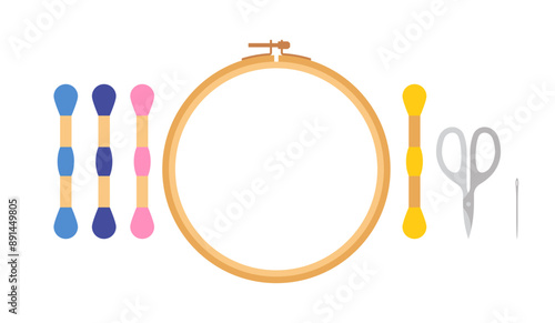 Embroidery essential materials - embroidery frame, threads, needle, scissors. Set of a stitching craft related illustrations. Minimalist vector illustration. Clean simple style. Isolated on white.