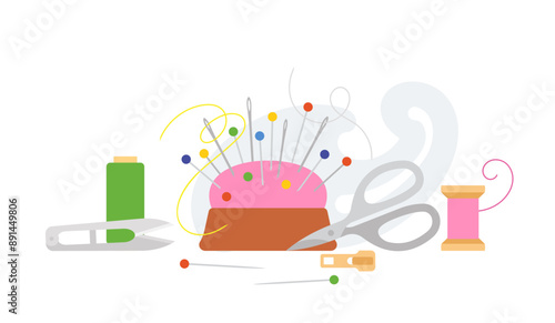 Sewing tools - scissors, threads, pin cushion, measuring, pins, threads, ruler. Dressmaking concept, atelier, sew store, workshop, seamstress work. Flat vector illustration set, minimal style