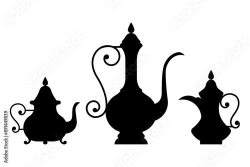 Arabic dish - jug, coffee pot, kettle, dallah. Black silhouette of vintage middle east vessels for drink. Traditional, ancient, east dishware. Flat vector shape for stencil, template, design.