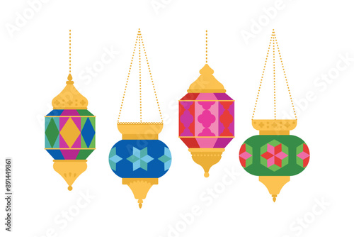 Arabic candle lantern. Set of arabic decoration lamps with colorful glass. Minimalist vector illustration. Clean and simple style