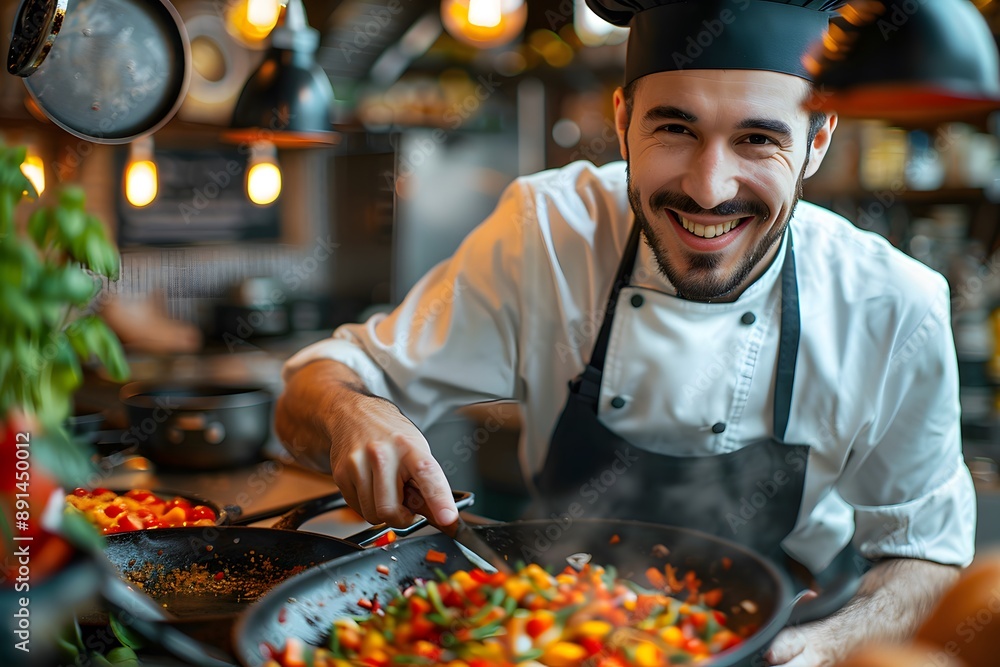 Joyful Chef Preparing Colorful Vegetable Dish in a Cozy Kitchen Joyful Chef Preparing Colorful Vegetable Dish in a Cozy Kitchen