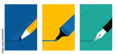 Pen backgrounds - a pencil, highlighter, fountain pen. Set of minimalist vector illustrations with writing instruments. Back to School concept. Simplicity background for poster, banner, cover.