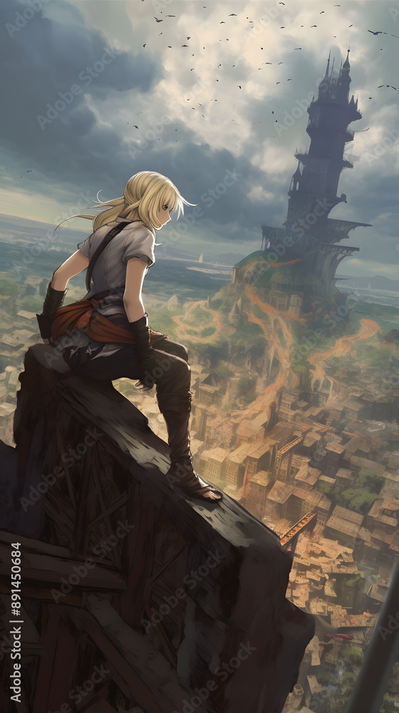 Fototapeta premium Blonde Girl Sitting on Tower