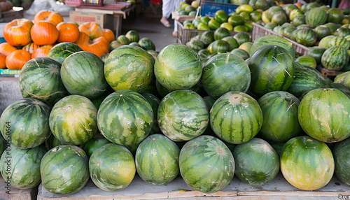 Piles of juicy fresh sweet green delicious watermelon fruits in the street markets of Pakistan , Healthy eating