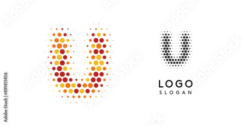 Abstract letter U logo with orange to red gradient dots, dotted emblem for business branding, corporate identity, technology firms. Stylish and professional symbol. Vector illustration