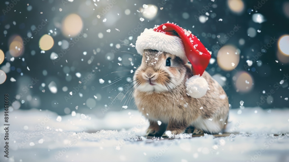 Little tiny bunny dressed up as Santa Claus on snowing Little tiny bunny dressed up as Santa Claus on snowing