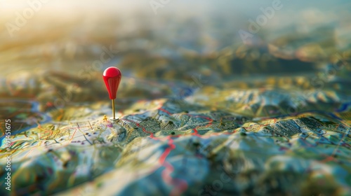 Location marking with a pin on a map with routes. Find your way. Adventure, discovery, navigation, communication, logistics, geography, transport and travel theme concept background. photo