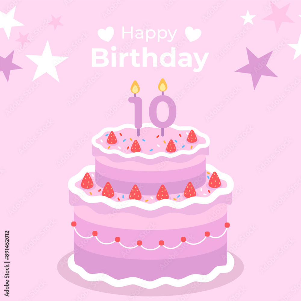 Cake poster design for birthday cake congratulations 10 years old birthday. Festive cake for birthday