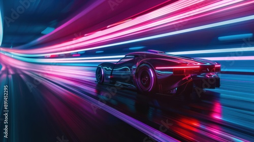 Modern futuristic car in movement. Cars lights on the road at night time. Timelapse,