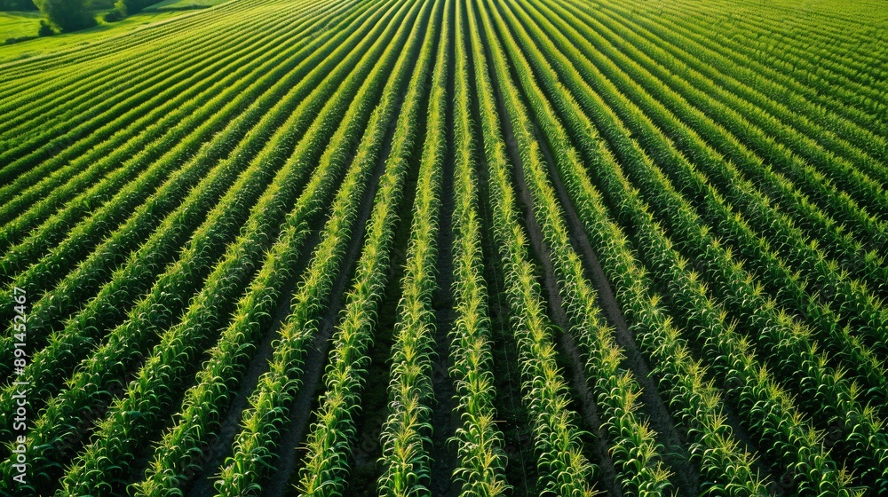 An aerial view of perfectly aligned rows of corn in a field, emphasizing the patterns and simplicity An aerial view of perfectly aligned rows of corn in a field, emphasizing the patterns and simplicity