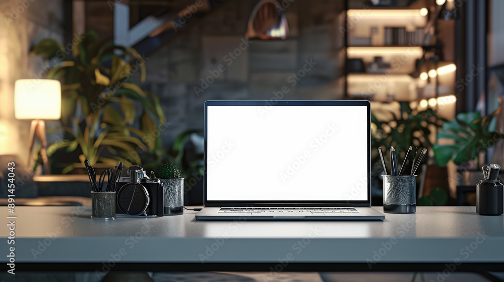 Laptop blank screen on smooth table, office accessories aside. Concept online work, remote job Laptop blank screen on smooth table, office accessories aside. Concept online work, remote job