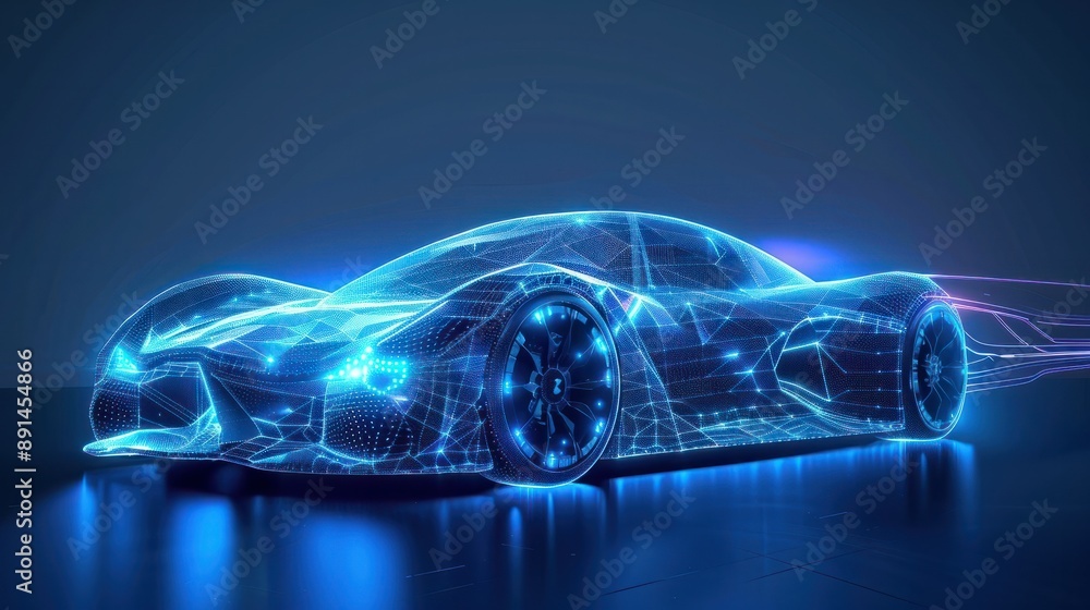 Fototapeta premium Frontside Futuristic AR car wireframe concept, generative ai, Augmented reality wireframe of car concept with blue background