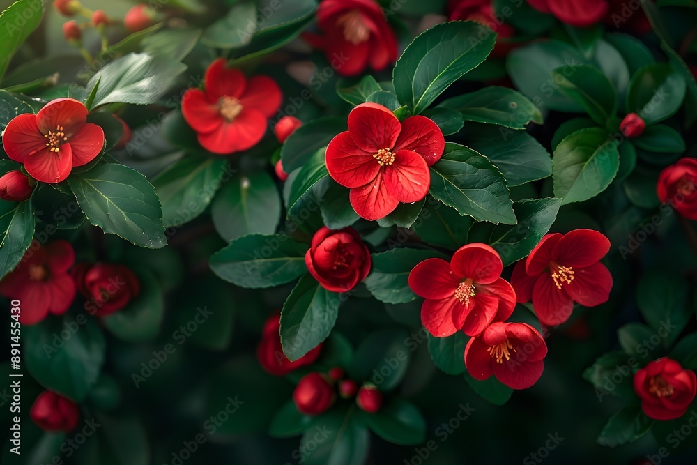Vibrant Red Blossoms Amidst Lush Green Foliage Vibrant Red Blossoms Amidst Lush Green Foliage