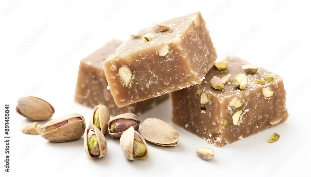 Tasty halva and pistachio nuts isolated on white Tasty halva and pistachio nuts isolated on white